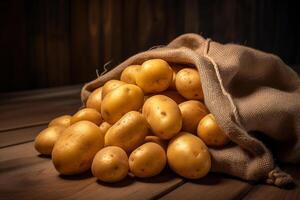 ai généré potayos près une toile de jute sac sur une en bois tableau. ai génératif photo