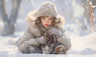ai généré une peu fille dans une hiver chapeau séance sur le sol dans le neige. généré par artificiel intelligence. photo