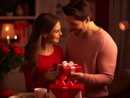 ai généré le couple célébrer la Saint-Valentin journée et donner chaque autre cadeaux. ai génératif photo