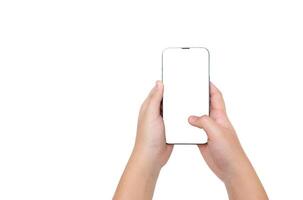 main en portant intelligent téléphone maquette et écran transparent isolé pour infographie affaires photo