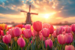 ai généré coloré tulipes contre une classique néerlandais Moulin à vent et lunatique, nuageux ciel. photo