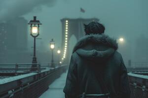 ai généré cinématique retour vue de cinématique Jeune homme dans hiver manteau en marchant à l'extérieur dans Urbain ville sur pont sur une lunatique, brumeux, hivers nuit. photo