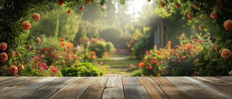 ai généré floue jardin maison scène derrière un vide en bois surface, réglage le étape pour produit affiche. photo