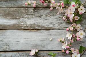 ai généré minable élégant en bois texture avec printemps fleurs sur droite à utilisation comme Contexte photo