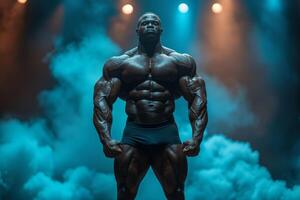 ai généré une bodybuilder sur une compétition organiser, frappant une classique la musculation pose. photo