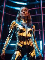 ai généré une Danseur dans une futuriste haute technologie disco, performant dans un avancé, science-fiction inspiré Danse environnement. photo