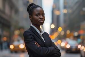 ai généré un africain américain professionnel femme d'affaires permanent sur une ville rue. elle est habillé élégamment dans une affaires costume et avoir bras franchi. photo