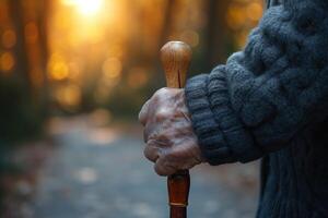 ai généré fermer de un personnes âgées personne main agrippant une en bois canne pour soutien pendant une marcher à le coucher du soleil. photo
