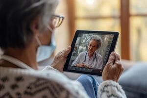 ai généré un personnes âgées femme portant des lunettes et une visage masque consultant avec sa médecin via une télémédecine session sur une numérique tablette. photo