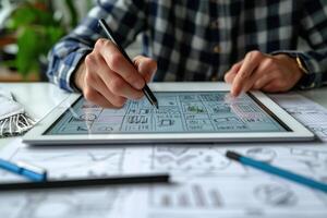 ai généré professionnel en cours d'analyse coloré statistique Les données graphiques sur une numérique tablette, mise en évidence affaires analytique et performance métrique. homme en utilisant tablette à travail. photo