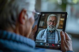 ai généré un personnes âgées homme portant des lunettes et une visage masque consultant avec sa médecin via une télémédecine session sur une numérique tablette. photo