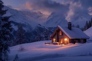 ai généré une confortable Montagne cabine à crépuscule, entouré par neige, avec chaud lumière embrasé de les fenêtres et fumée en hausse de le cheminée photo