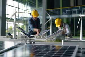 ai généré ingénieurs conception des modèles de turbines, solaire panneaux, nettoyer énergie réseaux. technicien calculer à utilisation pur énergie la nature et installation solaire panneaux sur toit maison. vert Puissance ex. photo