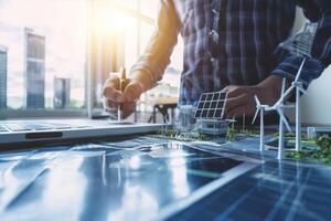 ai généré ingénieurs conception des modèles de turbines, solaire panneaux, nettoyer énergie réseaux. technicien calculer à utilisation pur énergie la nature et installation solaire panneaux sur toit maison. vert Puissance ex. photo