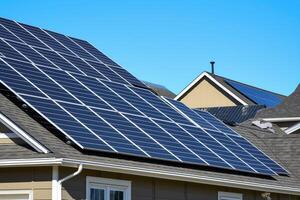 ai généré solaire cellule plates-formes installée sur toits et bâtiments efficacement magasins énergie. le vert et nettoyer énergie. photovoltaïque solaire panneaux toit pour produisant nettoyer écologique électricité. photo