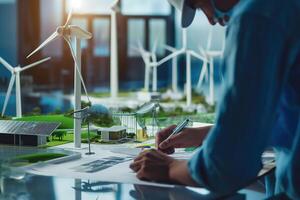 ai généré ingénieurs conception des modèles de turbines, solaire panneaux, nettoyer énergie réseaux. technicien calculer à utilisation pur énergie la nature et installation solaire panneaux sur toit maison. vert Puissance ex. photo