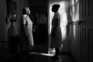 ai généré ombres sur le mur représentant le qui se profile et autorité présence de le soignant infirmière, Sénior femme posture suggérant craindre. photo