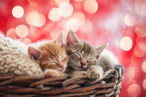 ai généré une réconfortant scène de deux content chatons câliné en haut ensemble dans une confortable panier, leur minuscule pattes et queues enlacés, symbolisant l'amour et affection, parfait pour la Saint-Valentin journée photo