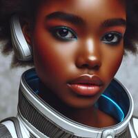 concept image de le africain adolescent fille portant futuriste astronaute tenue. sci Fi photo