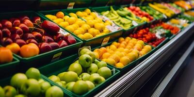 ai généré Candide photographier de une femme achats. une afficher dans une épicerie boutique rempli avec beaucoup de des fruits photo