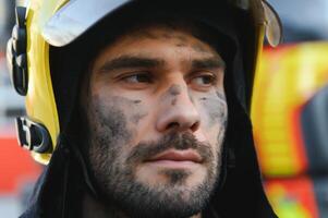 fatigué sapeur pompier après travail dans une Feu département photo