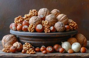 ai généré différent les types de des noisettes dans le coquille. groupe de des noisettes sont sur une table photo