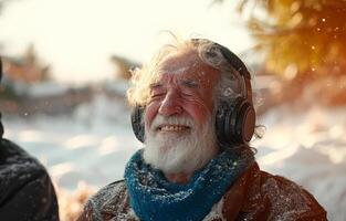 ai généré un vieux homme portant écouteurs. un personnes âgées homme embrasse le tranquillité de le neige comme il écoute à le sien préféré airs par le sien écouteurs. photo