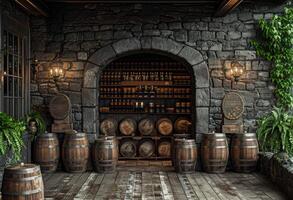 ai généré du vin cave avec barils - traditionnel espace de rangement pièce pour vieillissement du vin. photo