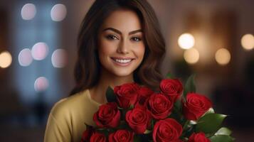 souriant femme en portant une magnifique bouquet de rouge des roses. lumières à le Contexte. ai généré photo