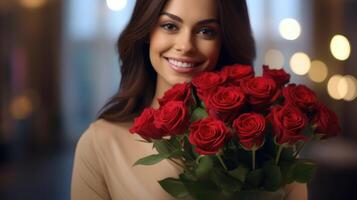 souriant Jeune Dame détient une magnifique bouquet de rouge des roses. lumières à le Contexte. st. la Saint-Valentin journée. ai généré photo