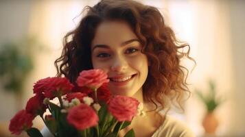 souriant Jeune fille détient une magnifique bouquet de rose des roses. st. la Saint-Valentin journée. ai généré photo