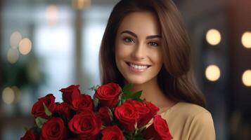 jolie femme en portant une magnifique bouquet de rouge des roses. lumières à le Contexte. ai généré photo