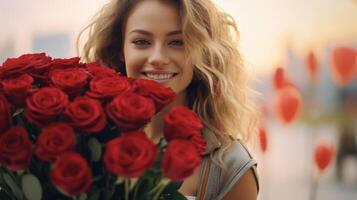 magnifique content souriant blond Jeune Dame avec une énorme bouquet de rouge des roses. ai généré photo