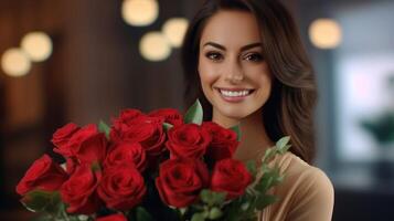 souriant femme détient une magnifique bouquet de rouge des roses. lumières à le Contexte. st. la Saint-Valentin journée. ai généré photo