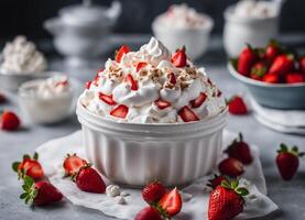 ai généré éton désordre dessert avec des fraises et fouetté crème photo