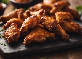 ai généré frit poulet ailes avec épicé sauce sur en bois tableau, fermer photo