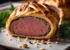 ai généré du boeuf Wellington avec une d'or Pâtisserie croûte, tranché à révéler une à la perfection cuit filet photo