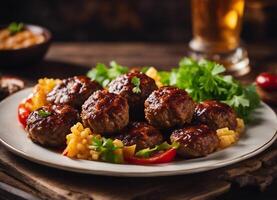 ai généré cafta Boulettes de viande dans tomate sauce avec riz et des légumes photo