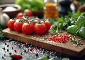 ai généré Frais tomates et herbes sur Coupe planche photo