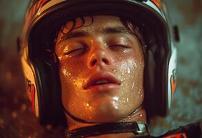 ai généré moto cavalier mensonges sur Haut de le sien casque. une photo de une Jeune homme avec fermé yeux portant une casque pour protection.