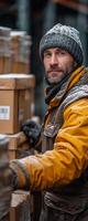 ai généré entrepôt et livraison homme chargement des boites. une homme portant une Jaune veste et gris chapeau des stands en plein air. photo