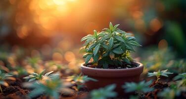 ai généré une pot de cannabis avec feuilles croissance. une petit mis en pot plante doucement mis sur une pièce de sol, mettant en valeur natures beauté dans simplicité. photo