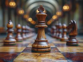 ai généré proche en haut de échecs planche avec pièces, stratégique jeu, concours, intelligence photo