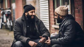 ai généré deux les arabes Hommes parlant amical dans le ruelle photo