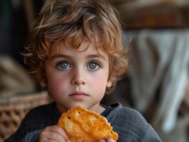 ai généré une peu garçon en portant une pièce de aliments. une Jeune garçon détient une pièce de nourriture dans le sien mains, avoir prêt à prendre une mordre. photo