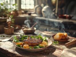 ai généré une assiette de steak a été ensemble sur une en bois table dans une cuisine avec plongement sauces, Frais des légumes salade, oignons et poivrons, génératif, ai photo