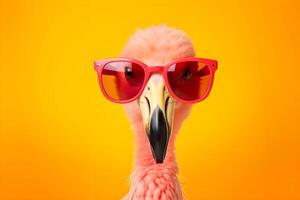 ai généré portrait de une rose flamant dans des lunettes de soleil sur une Jaune Contexte. studio tournage. ai généré photo