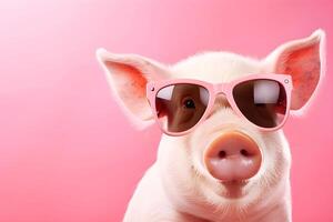 ai généré portrait de une porc dans des lunettes de soleil sur une rose Contexte. ai généré photo