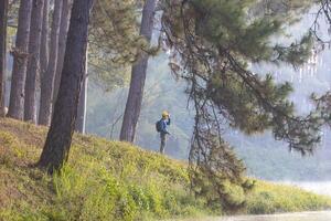 biologiste est trekking par le brumeux Montagne avec pin forêt par Lac vue en utilisant binoculaire pendant été dans le luxuriant montagnes pour la nature aimant et faune exploration concept photo