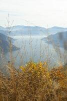 une vue de une Lac et montagnes de une colline photo